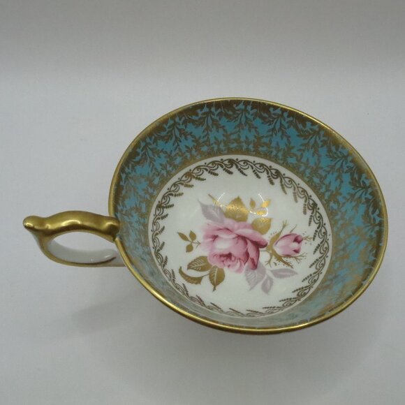 Aynsley Orphan Teacup Pink Cabbage Rose #2539 Turquoise Gold White Bone China - Picture 1 of 10
